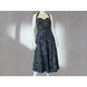 VINTAGE 50s Black Lace & Sequin Halter Cocktail Dress S/M